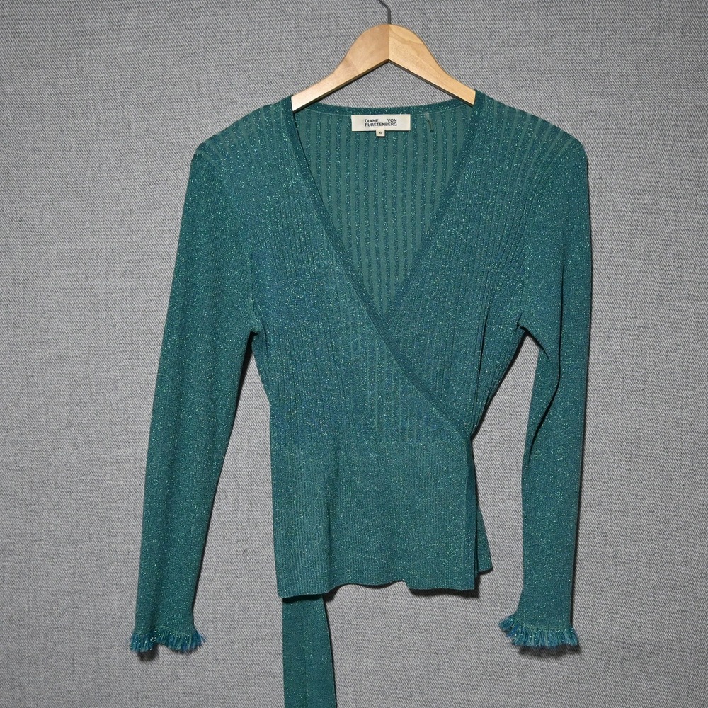 Diane von Furstenberg Skirt Set Womens Metallic Wrap Top Midi Teal XL L